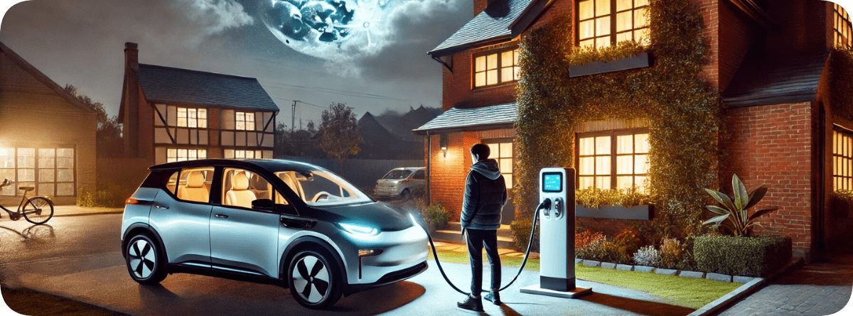 man laddar bil på natten